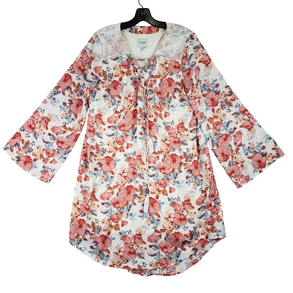 Haute Hippie Tribe Floral Tunic Dress Women M White Boho Lace-Up Bell Sleeve
